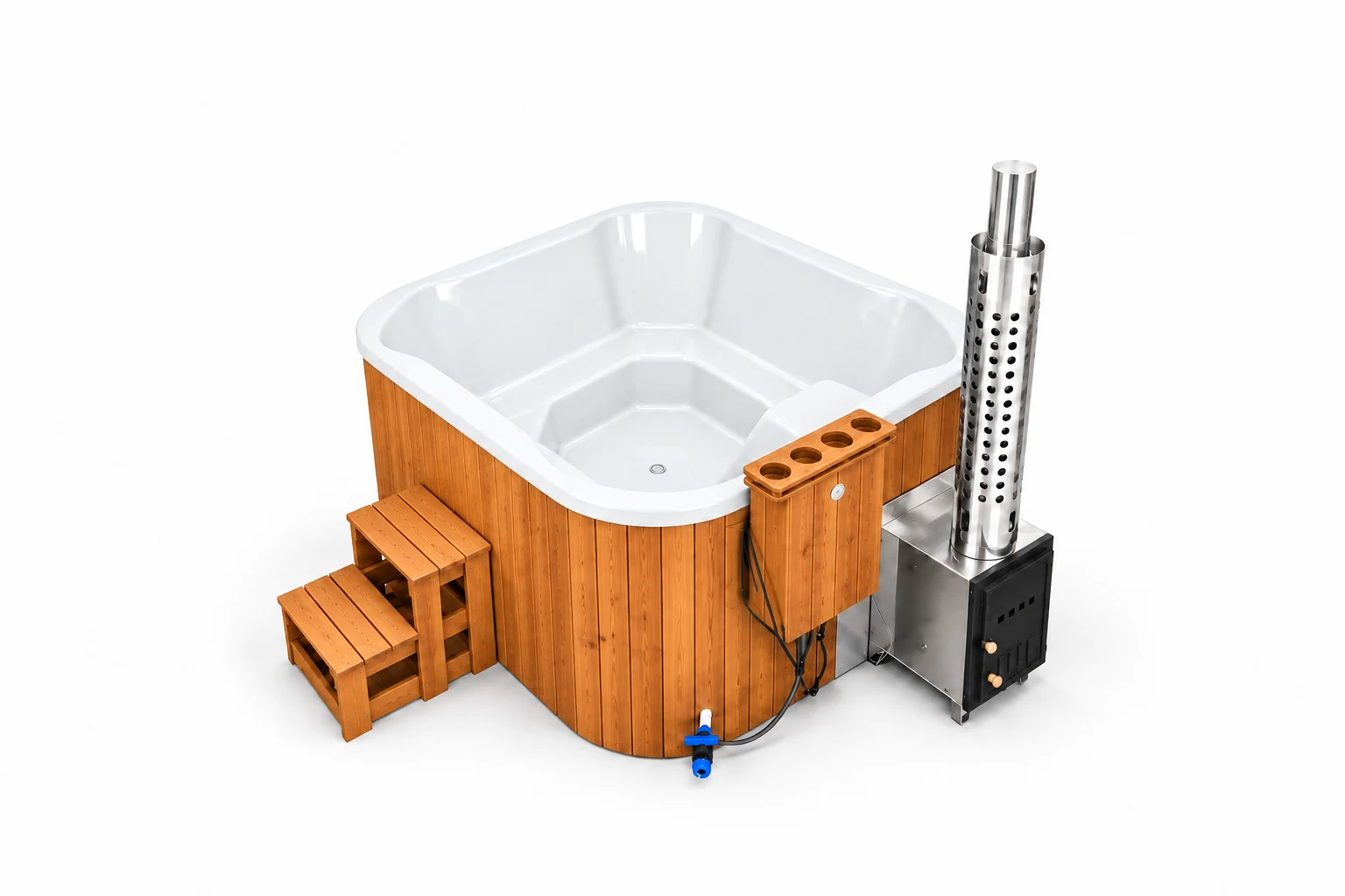 Stockholm: Product visualisation: white composite hot tub with light thermowood cladding