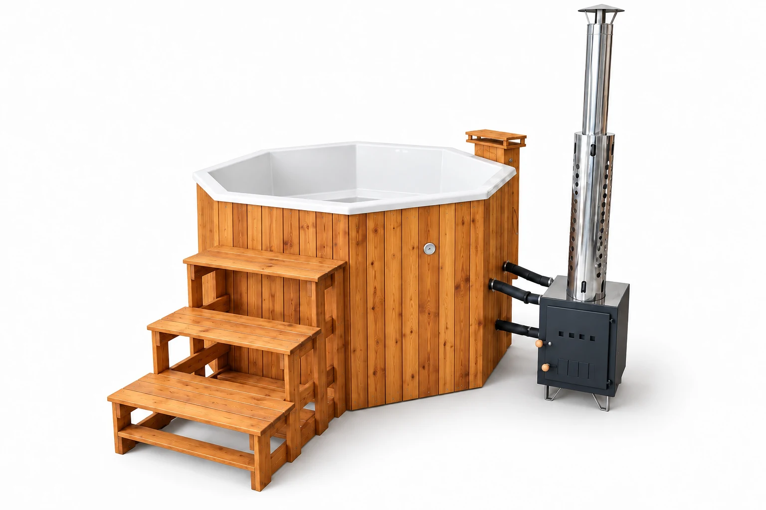 Gothenburg: Product visualisation: white composite hot tub with light thermowood cladding