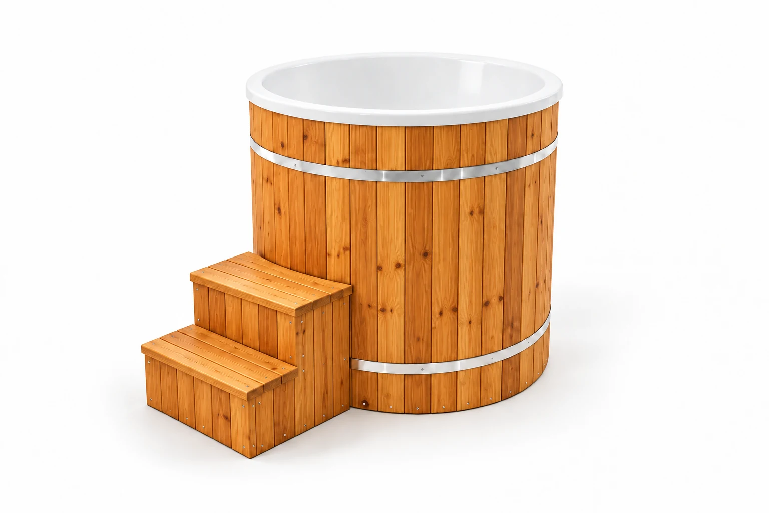 Tromsø: Product visualisation: white composite hot tub with light thermowood cladding